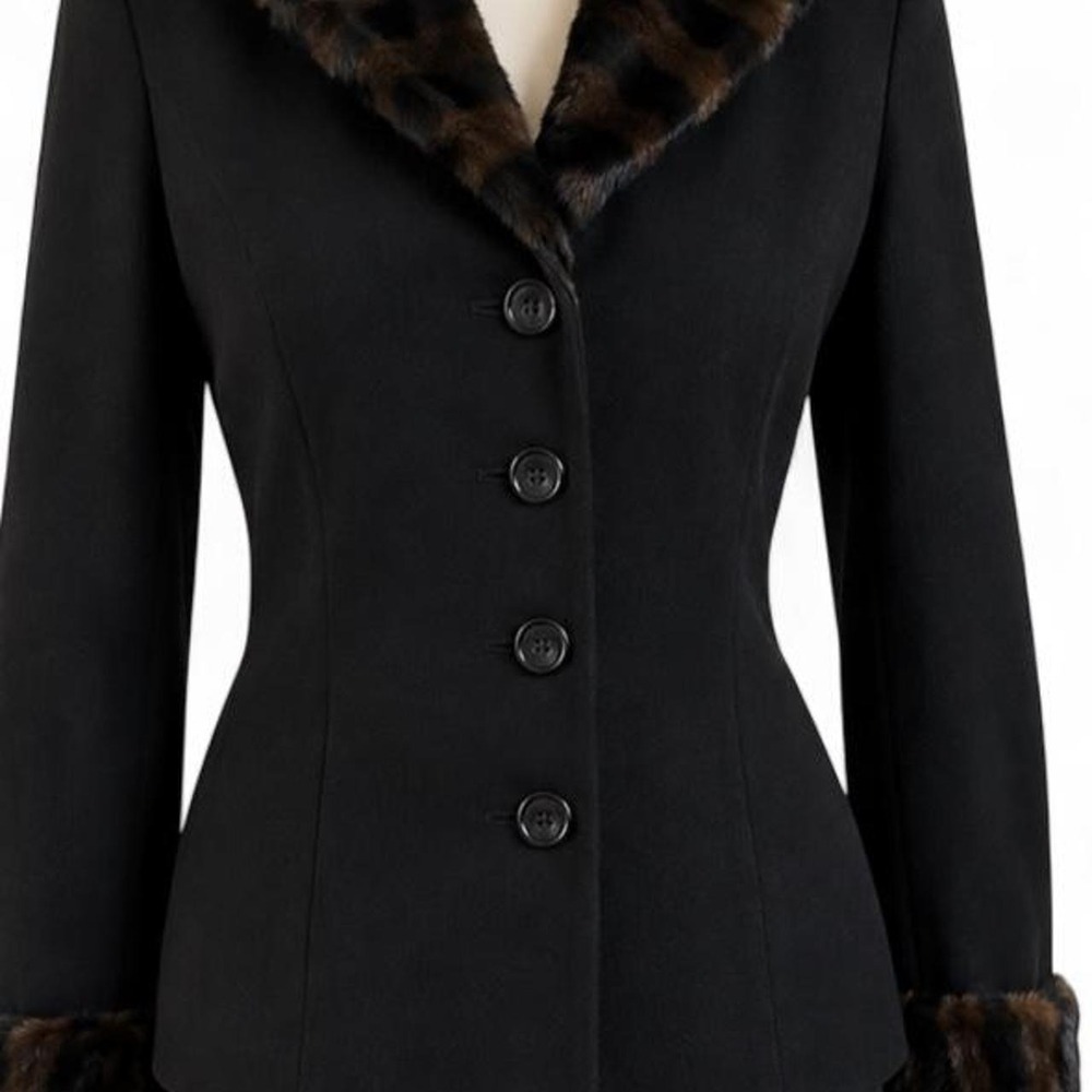 Positive Attitude Black Fitted Jacket Size 8 Cheetah Faux Fur Trim Y2K Mob Wife